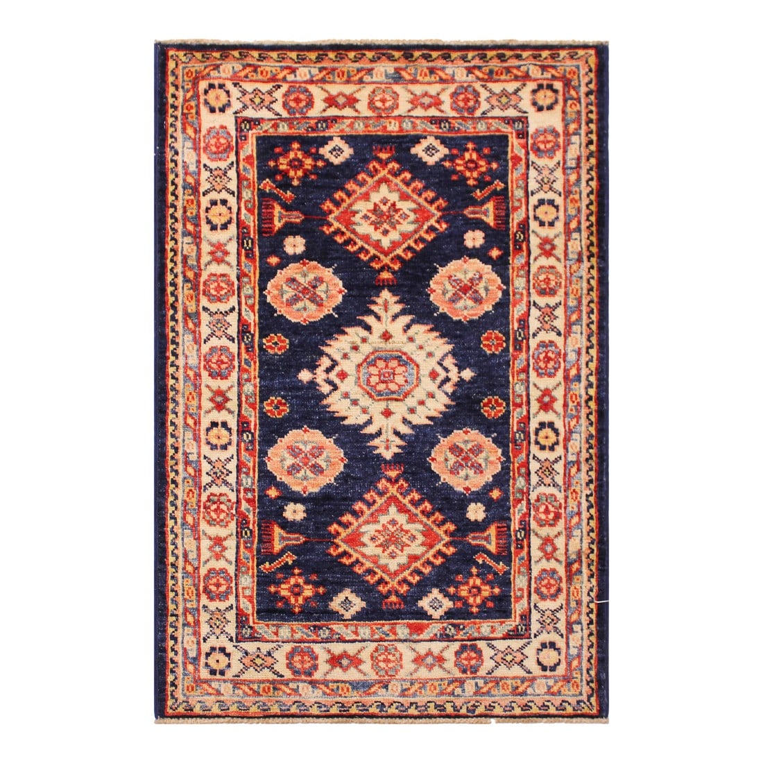 Bohemian Super Kazak Blue/Beige Wool Rug - 2'1'' X 3'2'': Transform your home with this stunning hand-knotted Super Kazak rug, expertly crafted from premium hand-spun wool and dyed using all-natural vegetable dyes. This remarkable piece features intricate Su