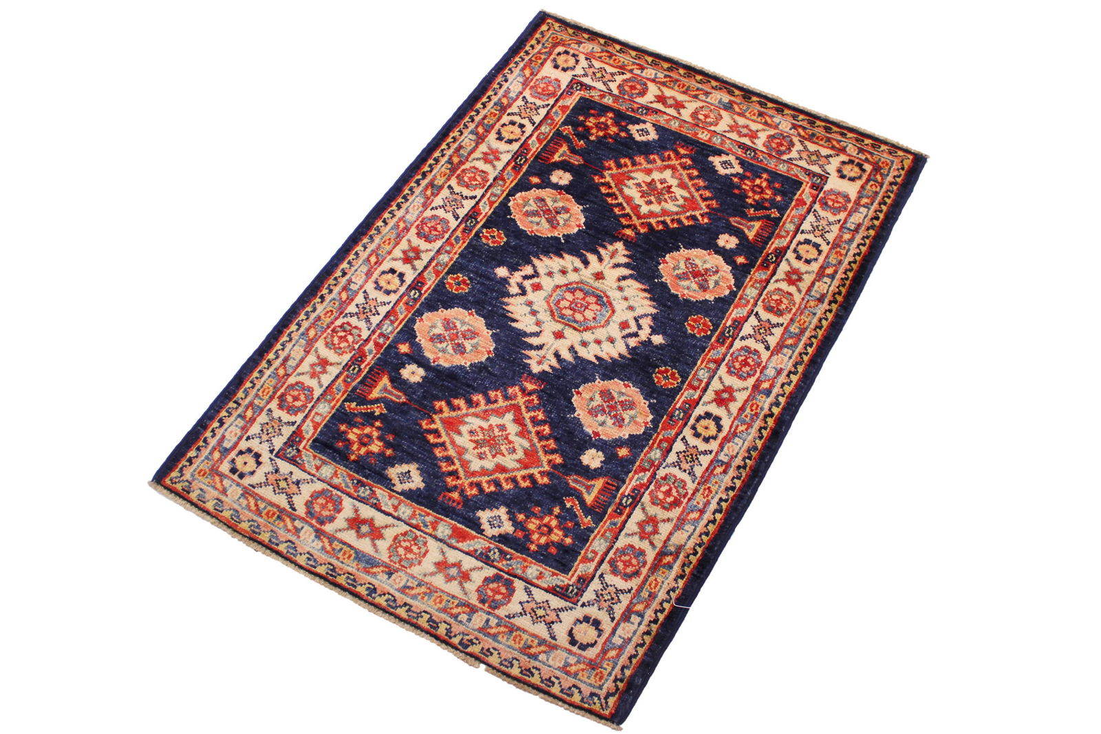 Bohemian Super Kazak Blue/Beige Wool Rug - 2'1'' X 3'2'' - 2