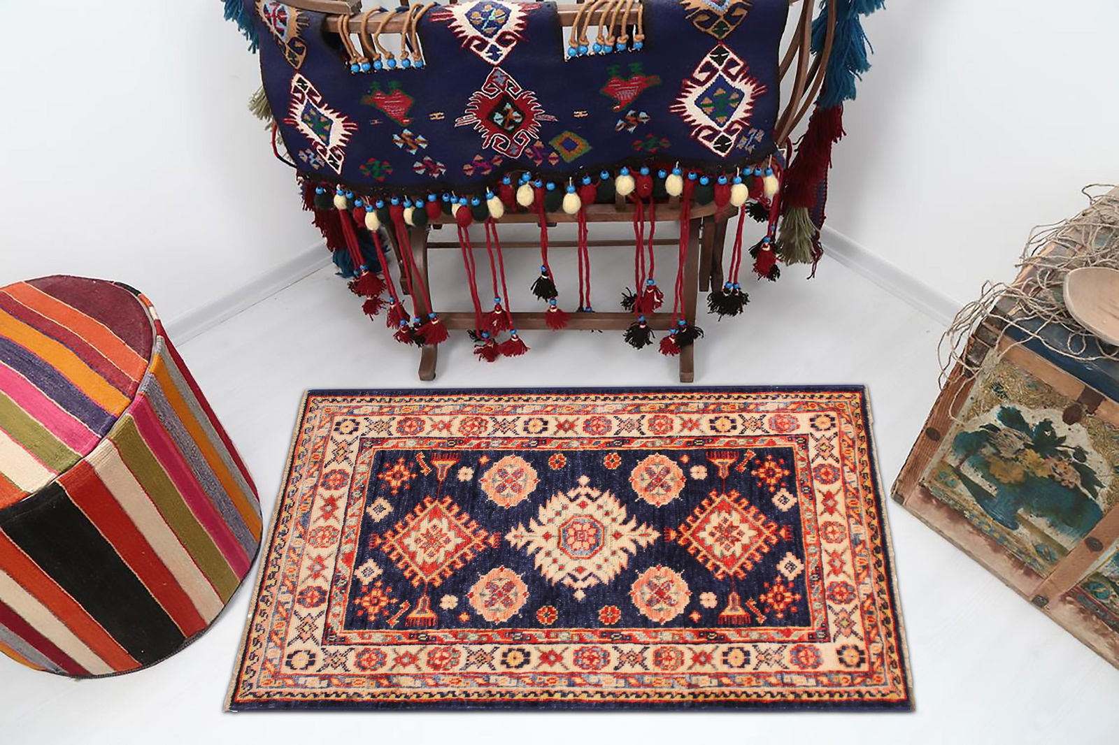 Bohemian Super Kazak Blue/Beige Wool Rug - 2'1'' X 3'2'' - 8