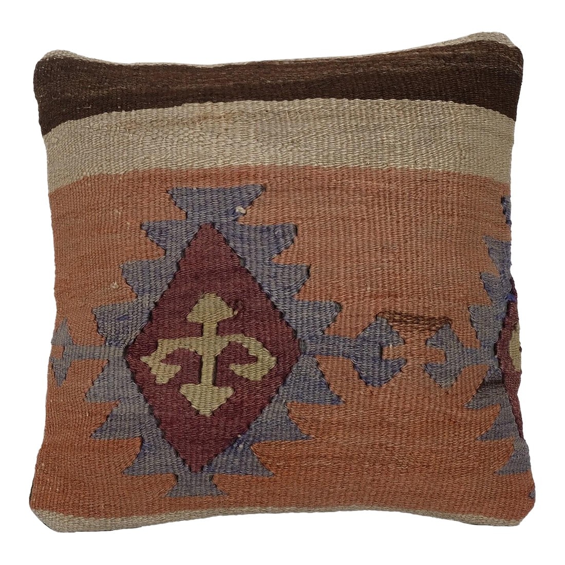 Turkish Kilim Pillow Cover: Turkish Kilim Pillow Cover These beautiful 12" x 12" pillow covers were made from an authentic, vintage Turkish rug handwoven in the 1960s. Bright colors of wool adorn the front of the pillow and the