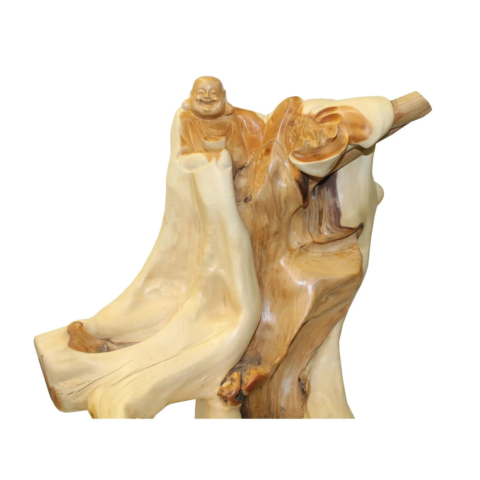 Chinese Cypress Wood Carved Irregular Shape Happy Buddha Statue - 2