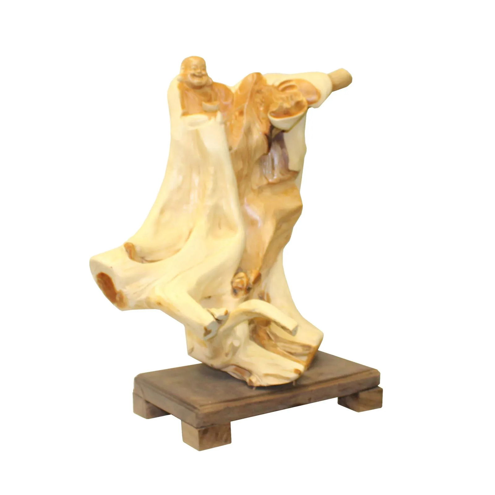 Chinese Cypress Wood Carved Irregular Shape Happy Buddha Statue - 3