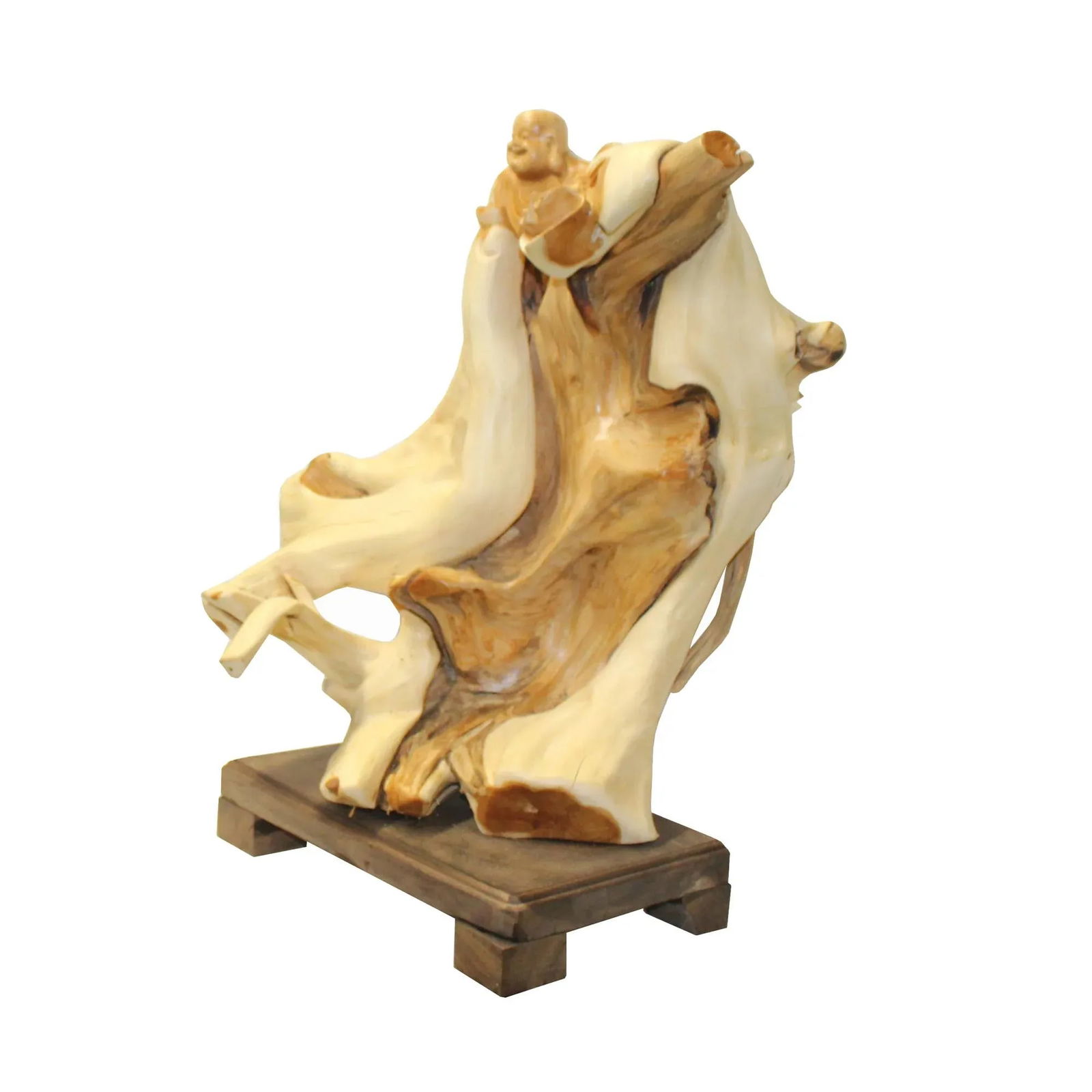 Chinese Cypress Wood Carved Irregular Shape Happy Buddha Statue - 4