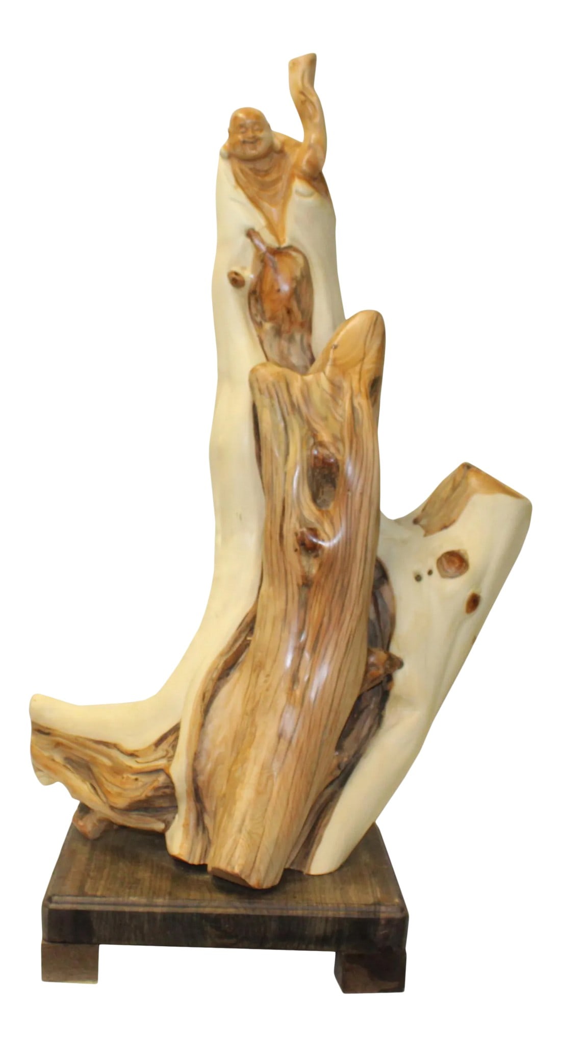 Chinese Cypress Wood Carved Irregular Shape Happy Buddha Statue: This is a handmade Chinese accent decorative statue of Happy Buddha from natural raw wood with an irregular shape. Dimensions: w15" x 9" x h26" Origin: China Material: Cypress wood Condition: Handmade