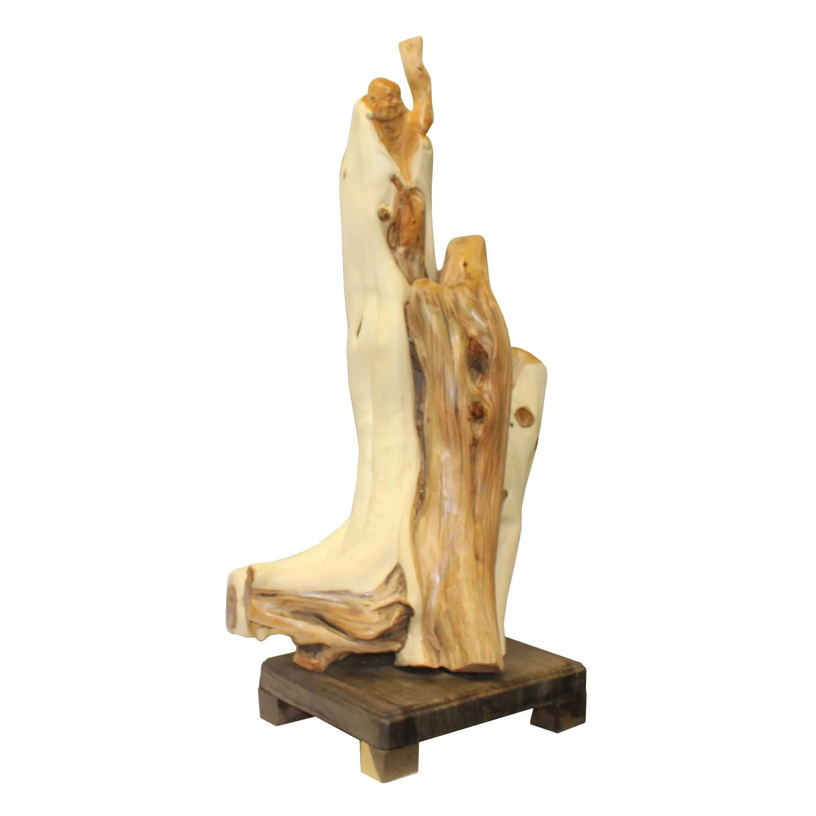 Chinese Cypress Wood Carved Irregular Shape Happy Buddha Statue - 2