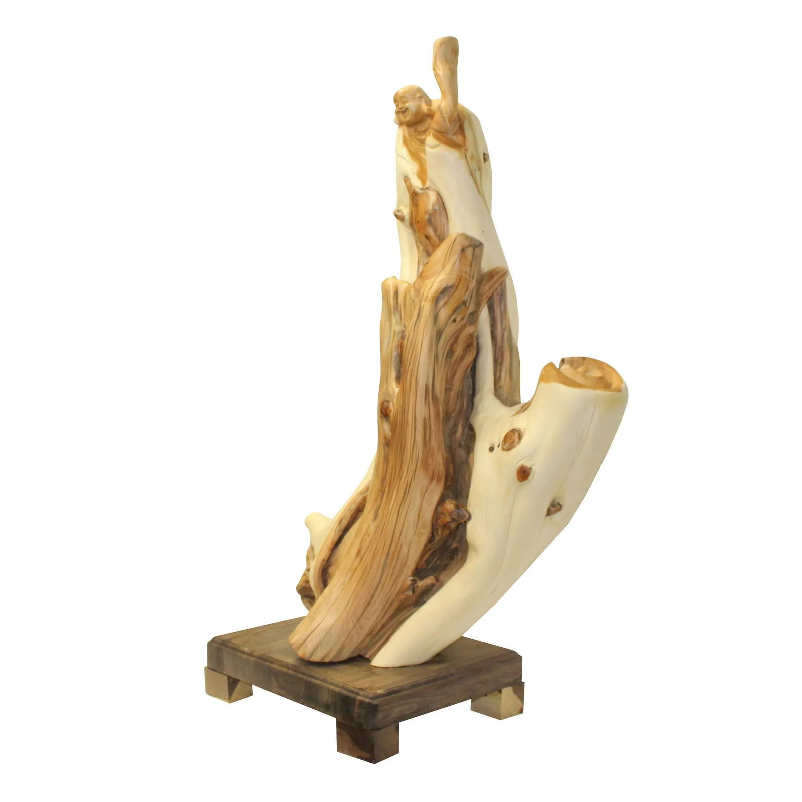 Chinese Cypress Wood Carved Irregular Shape Happy Buddha Statue - 3