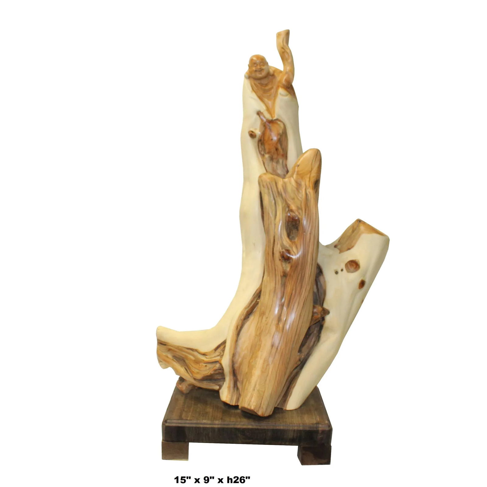 Chinese Cypress Wood Carved Irregular Shape Happy Buddha Statue - 6