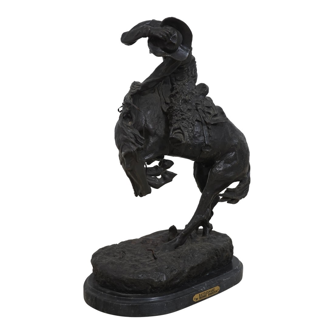 Frederic Reminton Rattlesnake Bronze Cowboy Sculpture: Age: C.1904 Details: Fine Details High Quality Construction Large Impressive Sculpture Marble Base Heavy Solid Bronze Sculpture Numbered 100/100 Dedicated To Henry Bonnard Bronze Co. Condition: