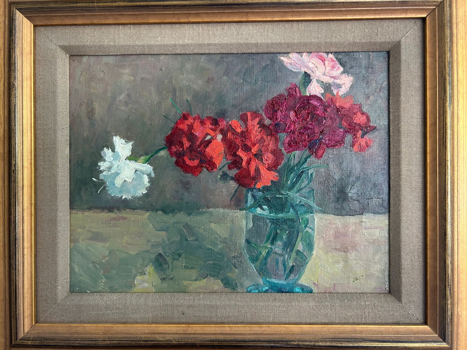 Vintage Original Oil on Board Still Life Red, Pink & White Carnations in Blue Glass Vase - 10