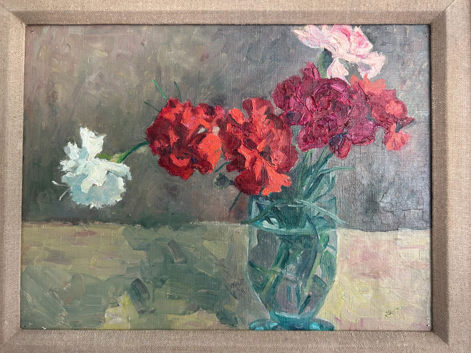Vintage Original Oil on Board Still Life Red, Pink & White Carnations in Blue Glass Vase - 11