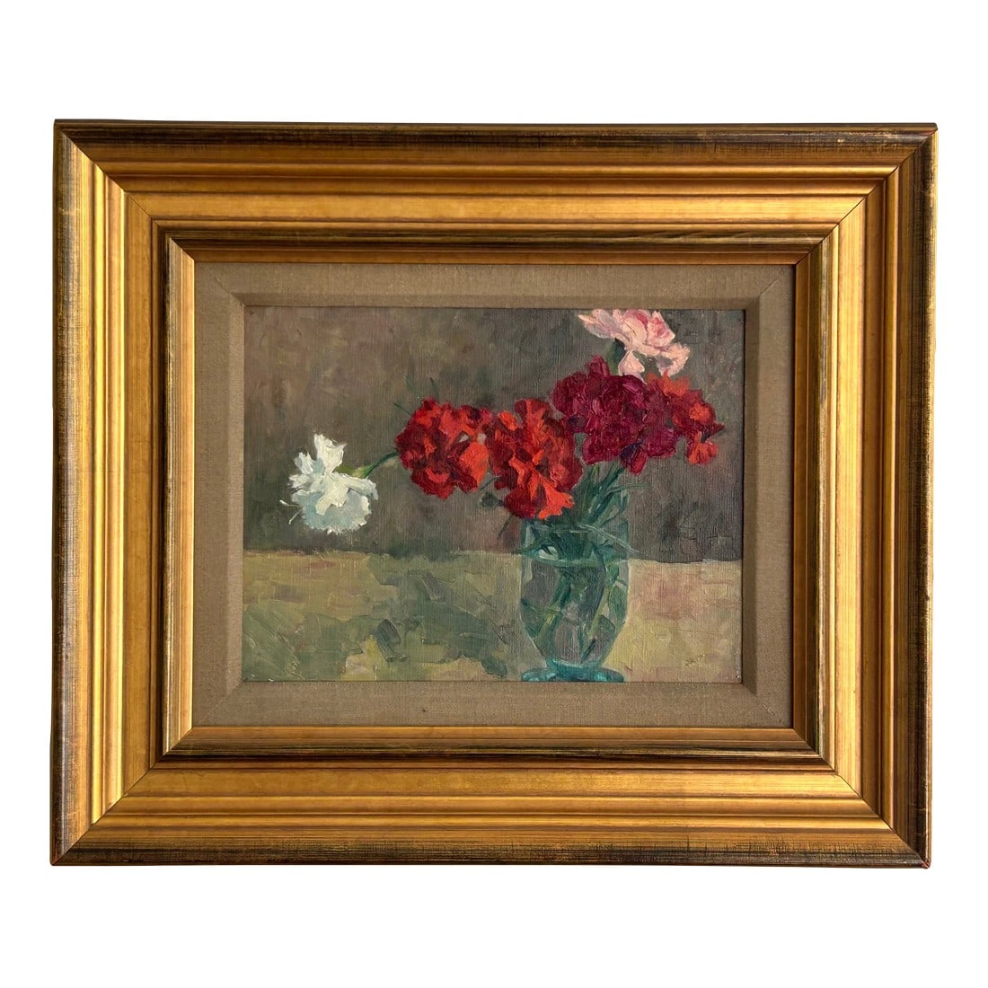 Vintage Original Oil on Board Still Life Red, Pink & White Carnations in Blue Glass Vase: Vintage Original Oil on Board Still Life â€“ Red, Pink & White Carnations in Blue Glass Vase This stunning original still life oil painting on board beautifully depicts a bouquet of