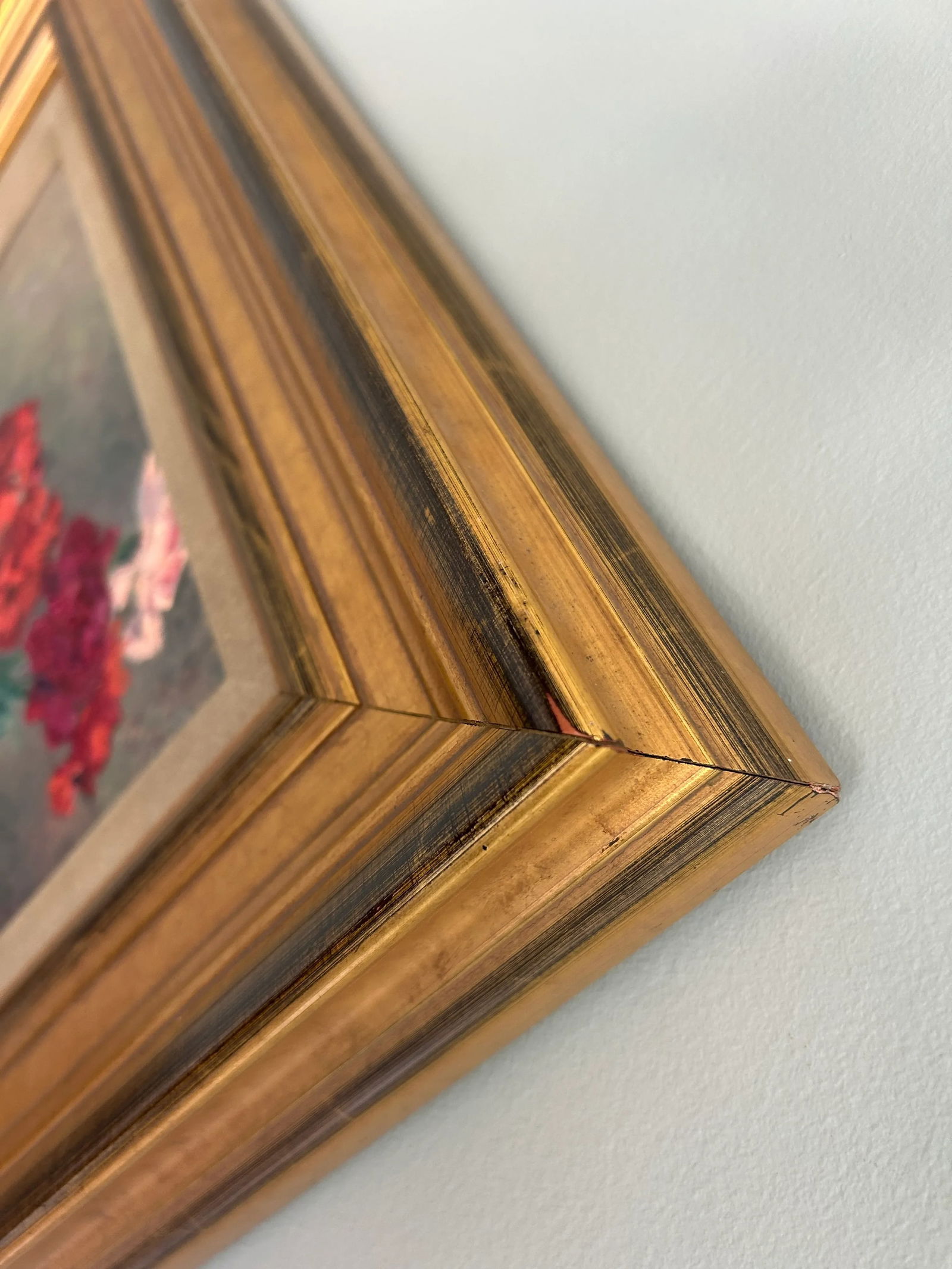 Vintage Original Oil on Board Still Life Red, Pink & White Carnations in Blue Glass Vase - 7
