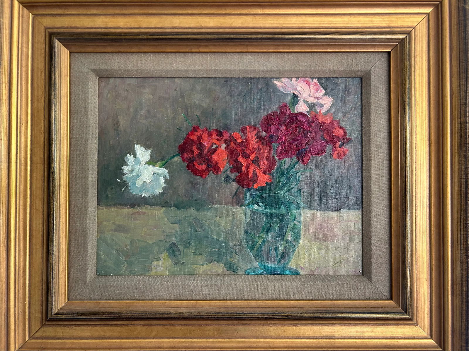 Vintage Original Oil on Board Still Life Red, Pink & White Carnations in Blue Glass Vase - 8