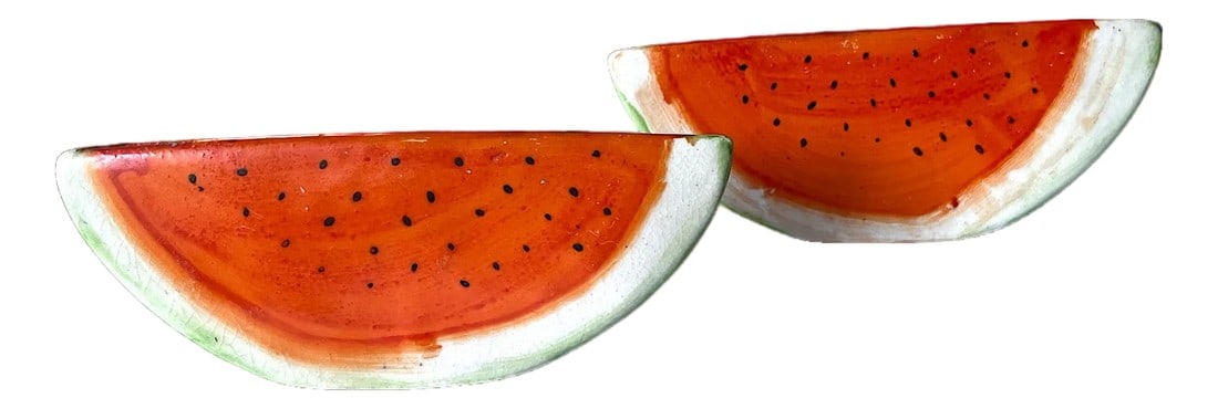 1950s Japanese Hand-Painted Porcelain Watermelon Salt & Pepper Shakers "“ A Pair: A delightful pair of 1950s Japanese salt and pepper shakers, hand-painted in the shape of juicy watermelon slices. Each ceramic piece is richly glazed in vibrant red, green, and white with black
