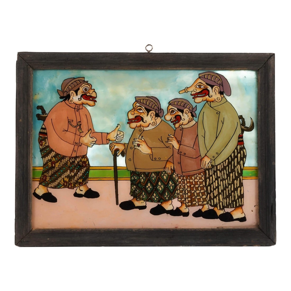 Framed Punakawan Reverse Glass Painting the Meeting of the Yes Men: This framed reverse glass painting features a comedic tableau of the Punakawan characters--figures from traditional Javanese wayang kulit theater--engaged in an animated exchange. Depicted with