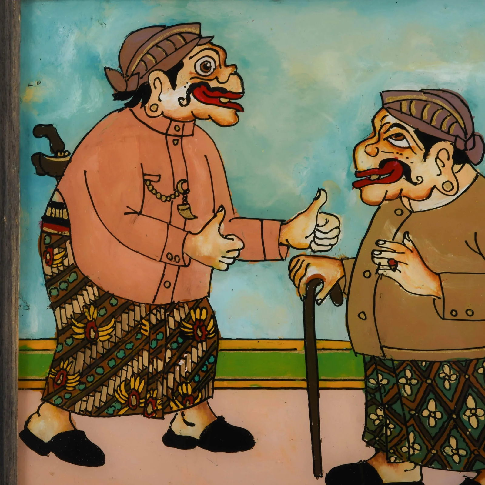 Framed Punakawan Reverse Glass Painting the Meeting of the Yes Men - 2