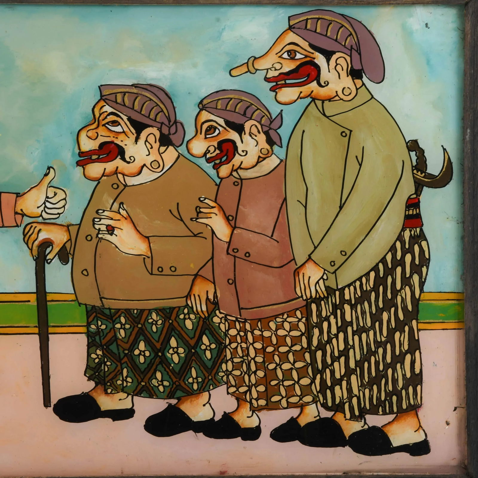 Framed Punakawan Reverse Glass Painting the Meeting of the Yes Men - 3