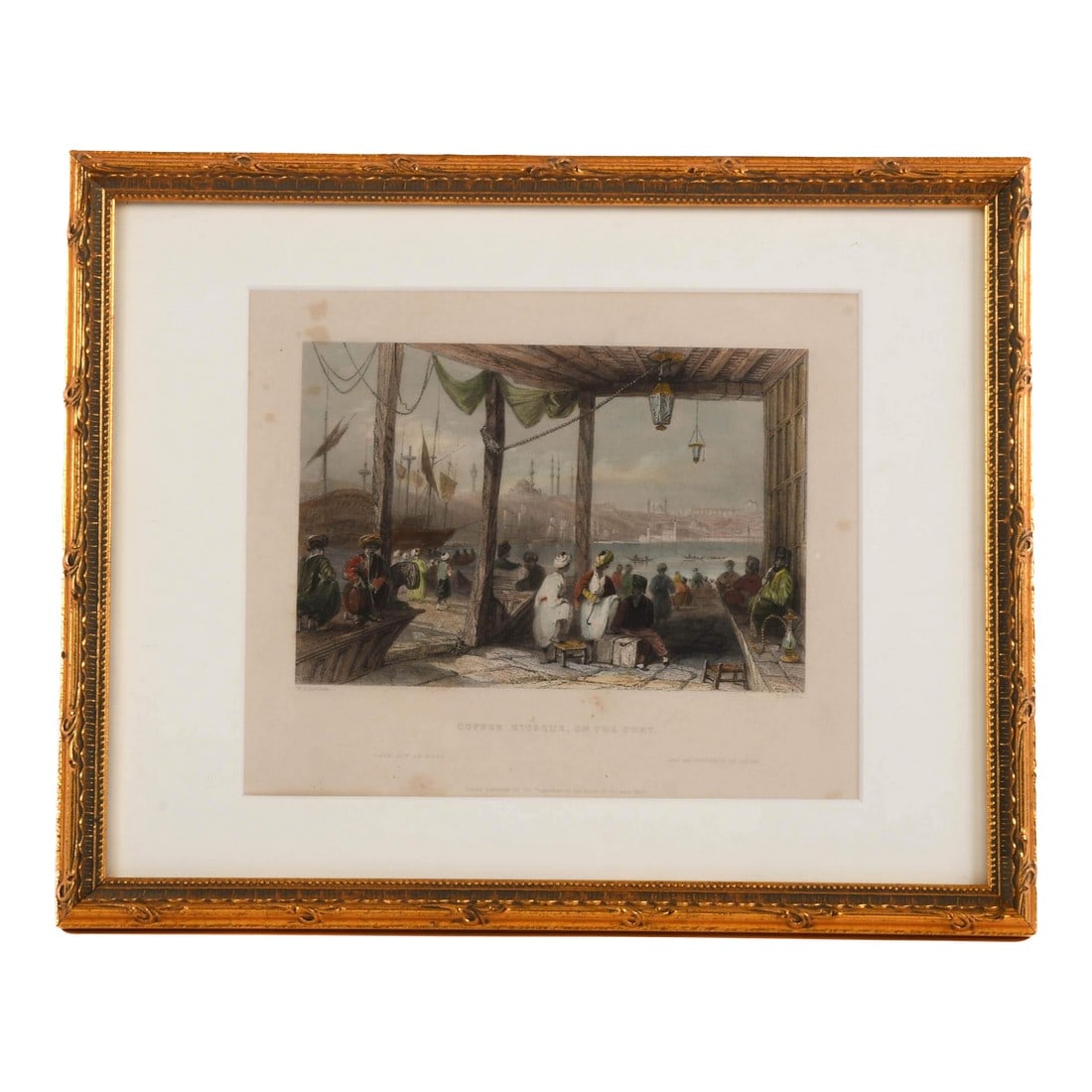 Antique Hand-Colored "Coffee Kiosque on the Port" Print: This Antique Hand-Colored "Coffee Kiosque on the Port" Print is a beautifully detailed and atmospheric artwork, capturing a vibrant scene within a grand architectural setting. Framed in an ornate,