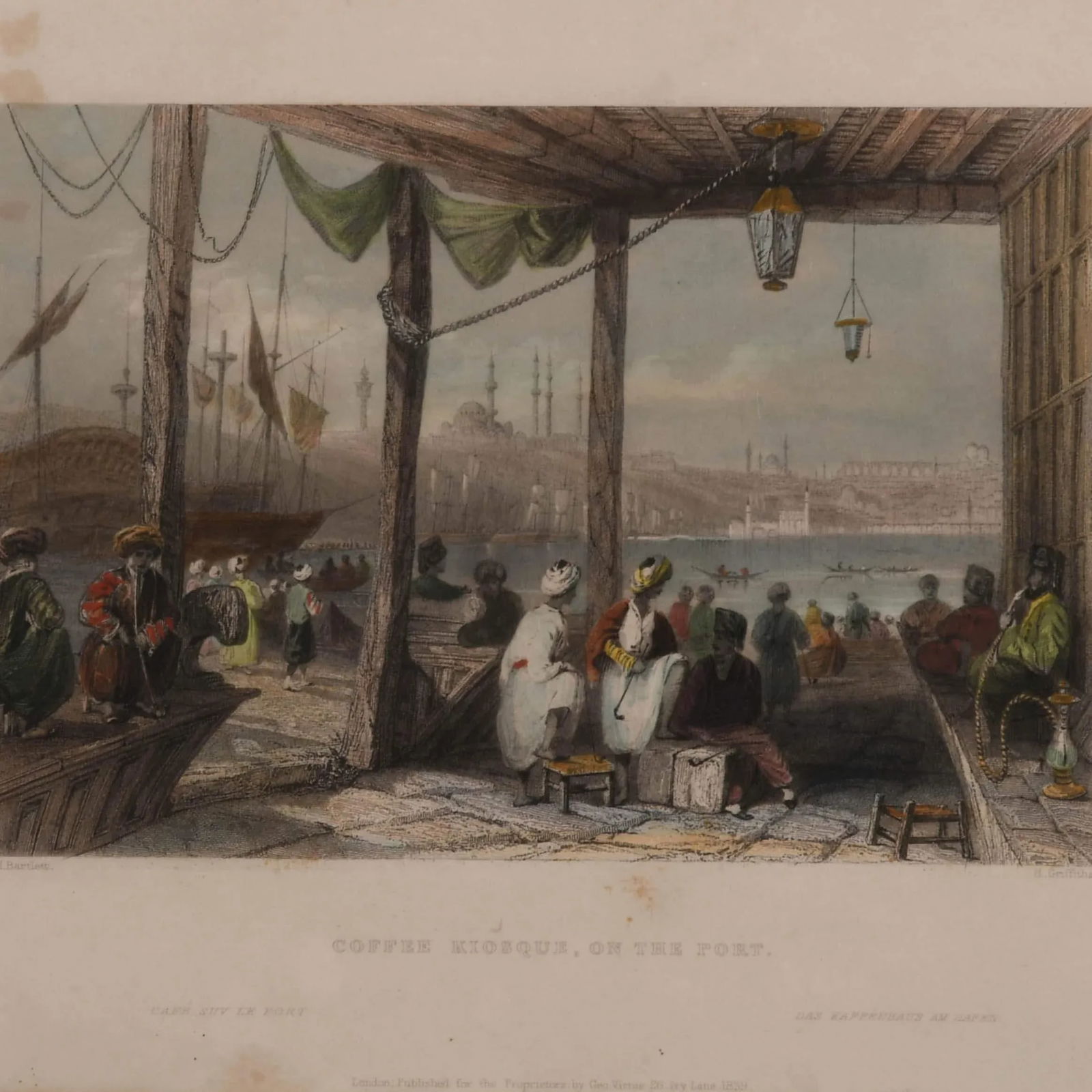 Antique Hand-Colored "Coffee Kiosque on the Port" Print - 2