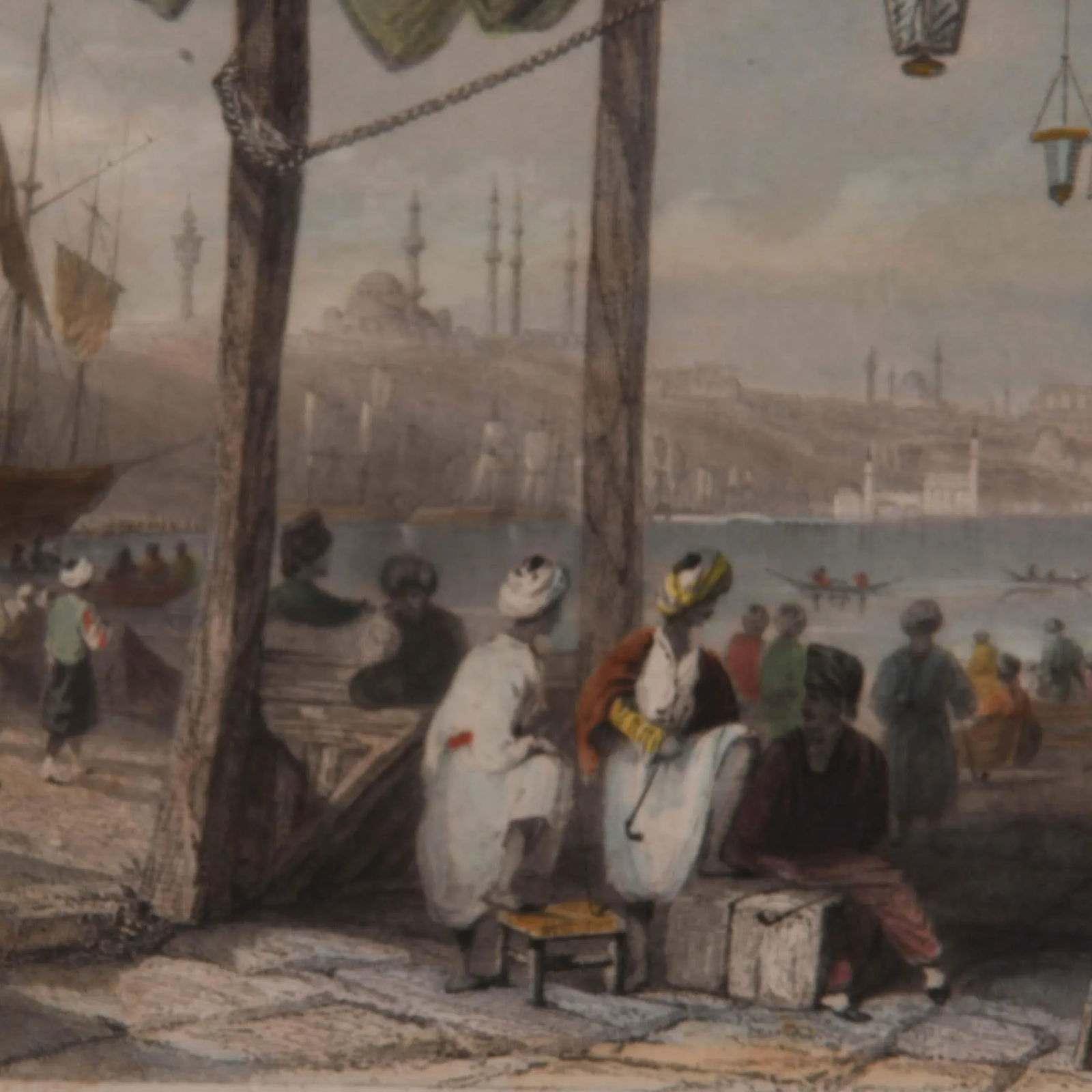 Antique Hand-Colored "Coffee Kiosque on the Port" Print - 3