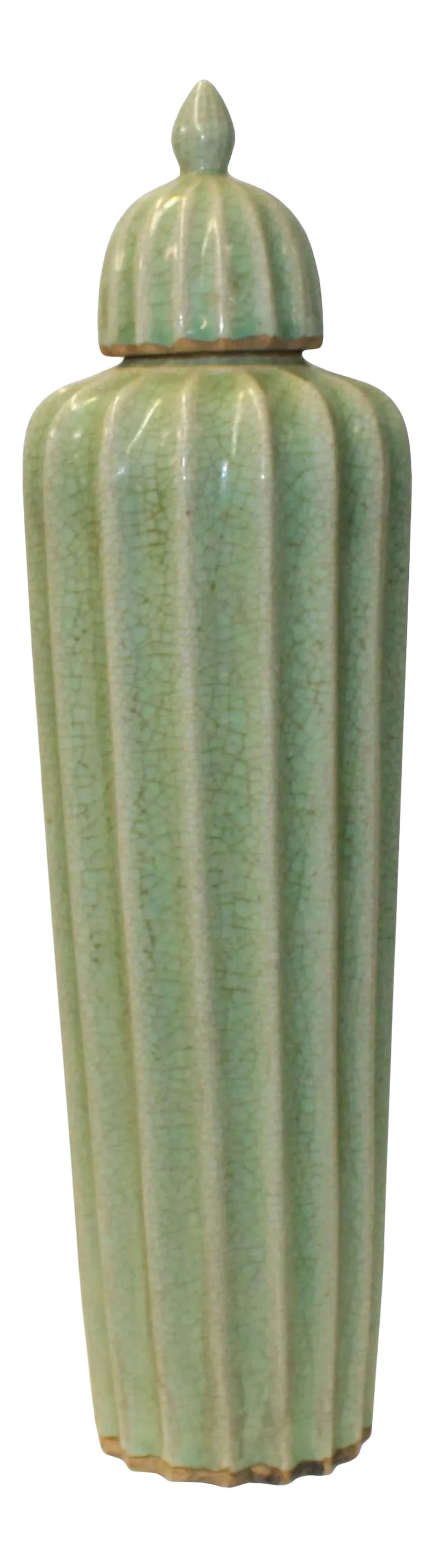 Chinese Ceramic Crackle Pattern Narrow Round Celadon Green Jar (1 of 6)