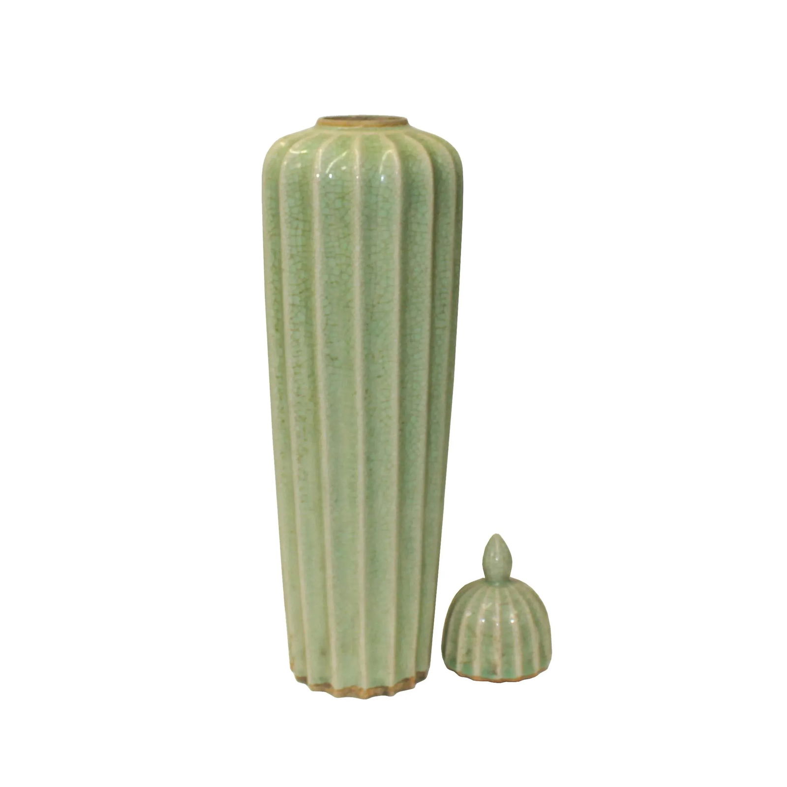 Chinese Ceramic Crackle Pattern Narrow Round Celadon Green Jar - 3
