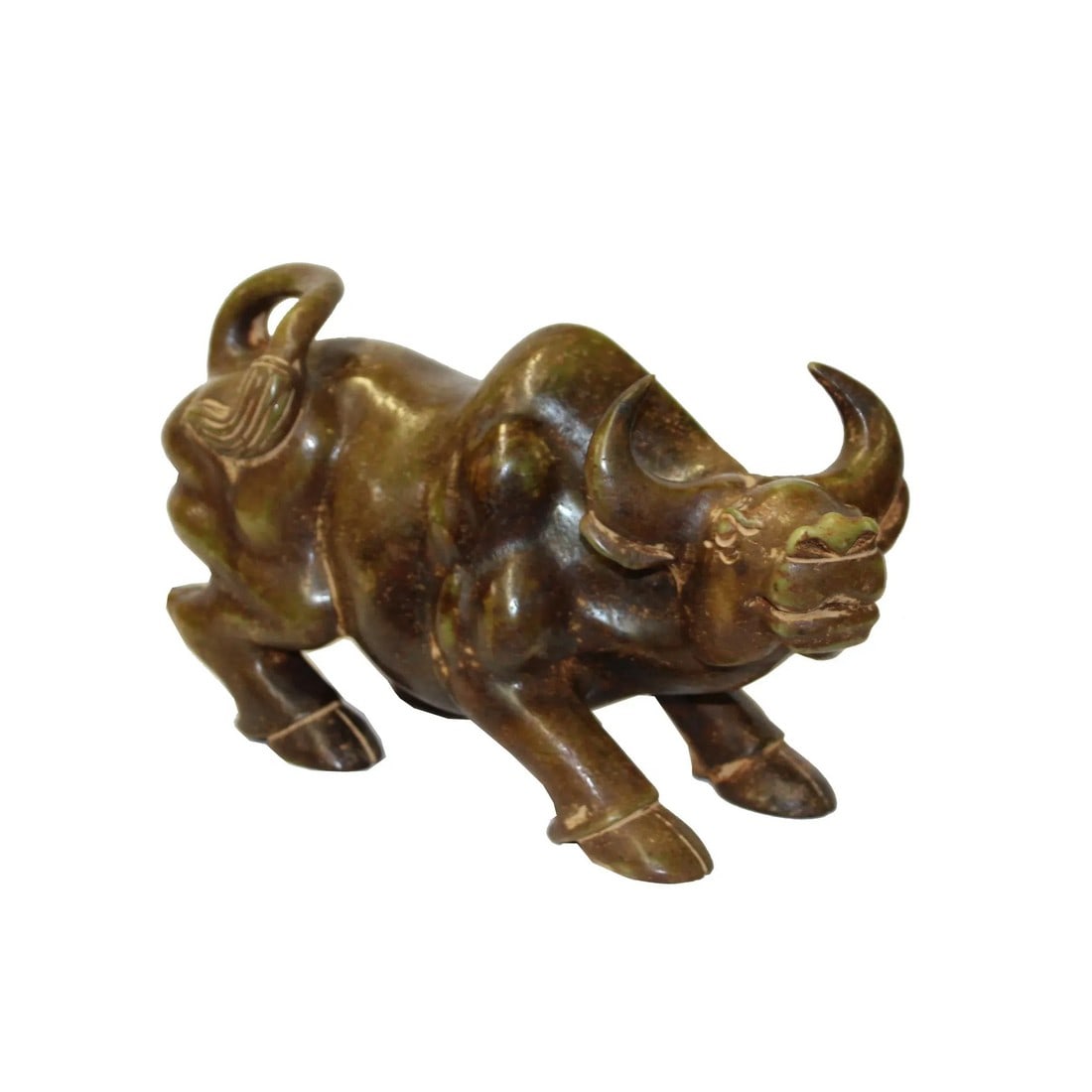 Chinese Green Brown MIX Stone Carved Ox Cow Display Figure (1 of 4)