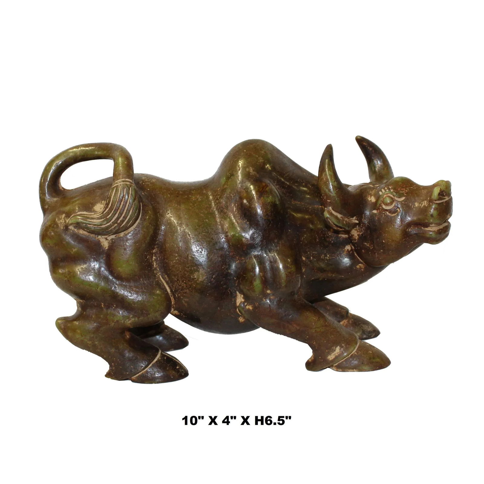 Chinese Green Brown MIX Stone Carved Ox Cow Display Figure - 2