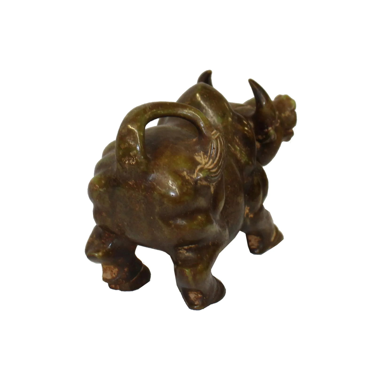 Chinese Green Brown MIX Stone Carved Ox Cow Display Figure - 3