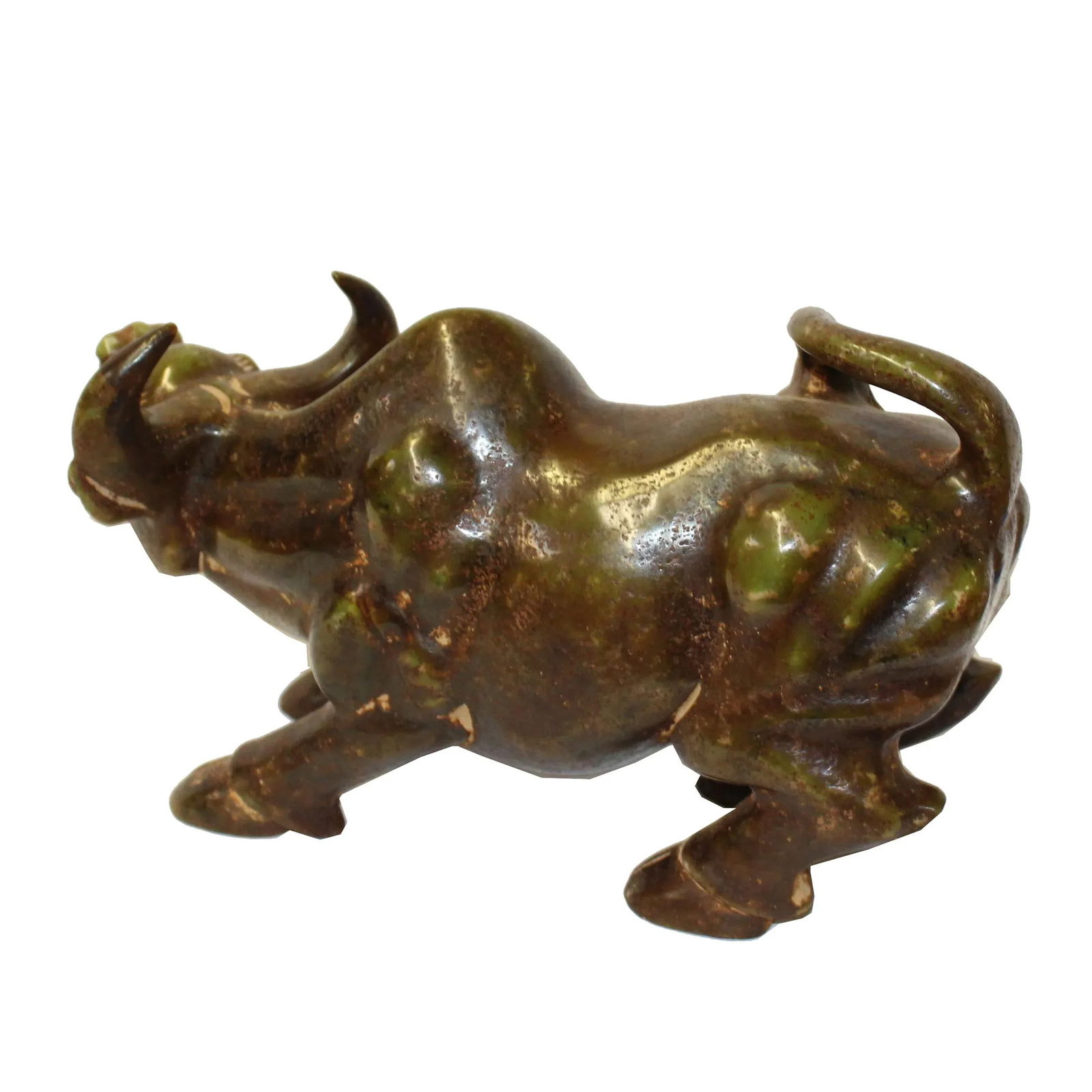 Chinese Green Brown MIX Stone Carved Ox Cow Display Figure - 4