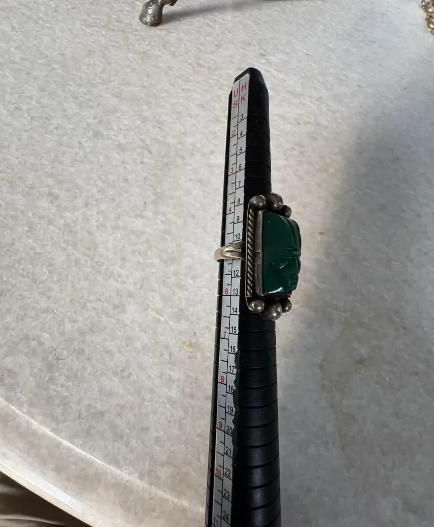 Vintage Aztec Carved Green Onyx and Sterling Silver Ring - Stamped, Size 5.75 - 2