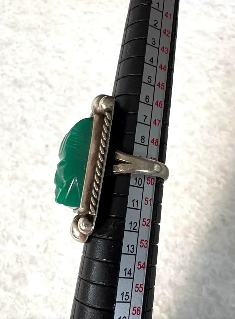 Vintage Aztec Carved Green Onyx and Sterling Silver Ring - Stamped, Size 5.75 - 4