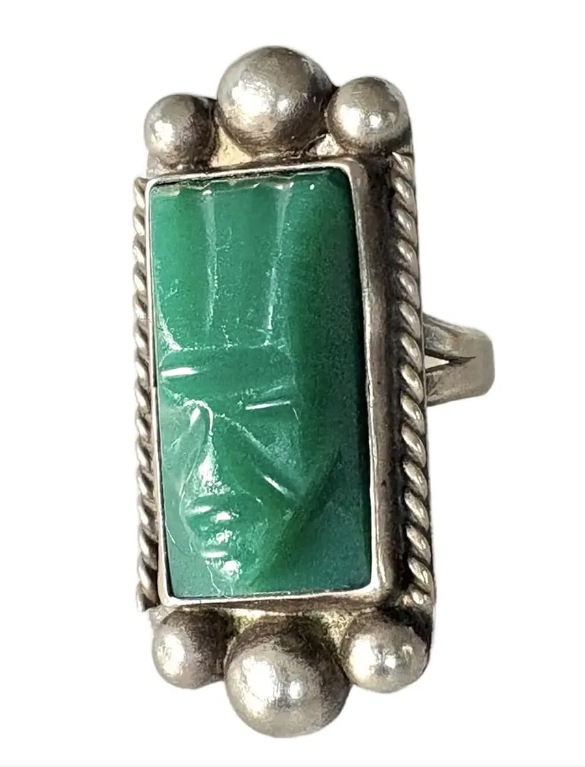 Vintage Aztec Carved Green Onyx and Sterling Silver Ring - Stamped, Size 5.75 - 5