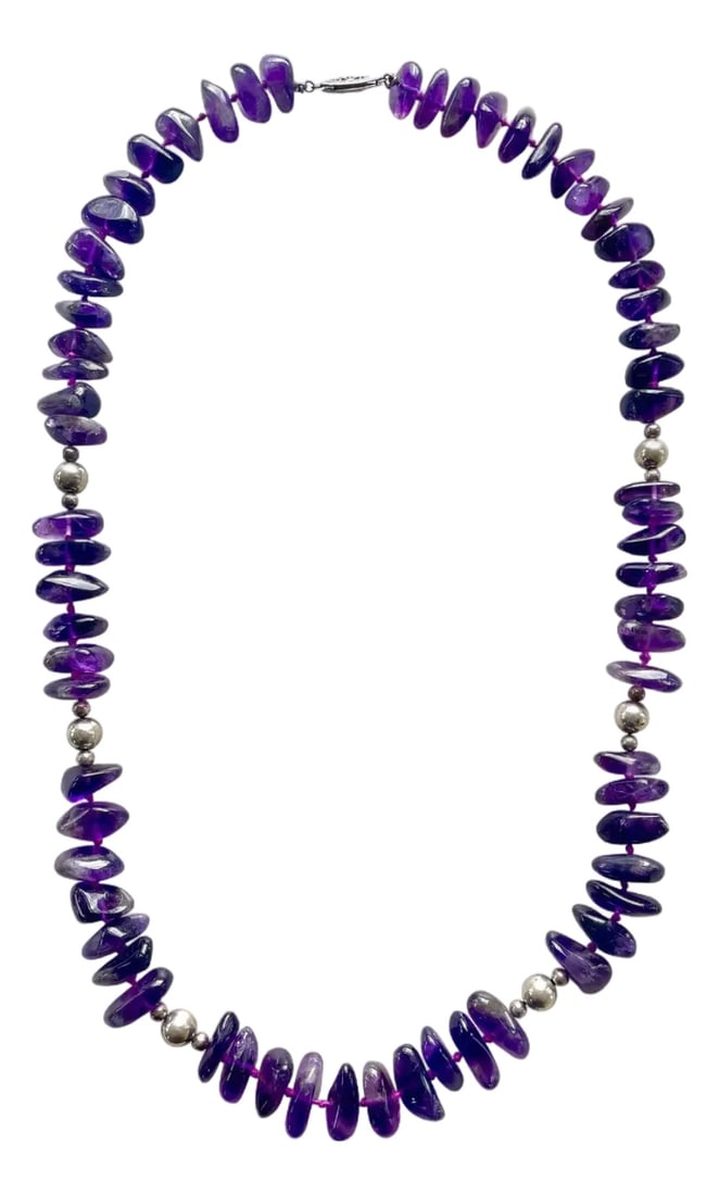 1980s Vintage Amethyst and Sterling Silver Hand Knotted Beaded Necklace - 18" (1 of 5)