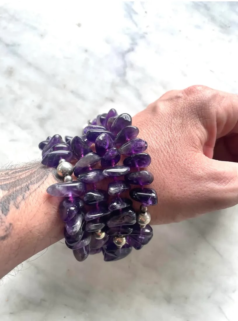 1980s Vintage Amethyst and Sterling Silver Hand Knotted Beaded Necklace - 18" - 2