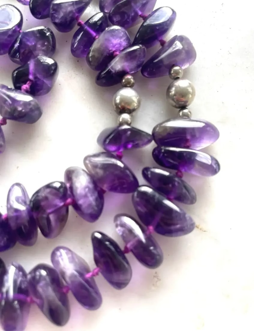 1980s Vintage Amethyst and Sterling Silver Hand Knotted Beaded Necklace - 18" - 3