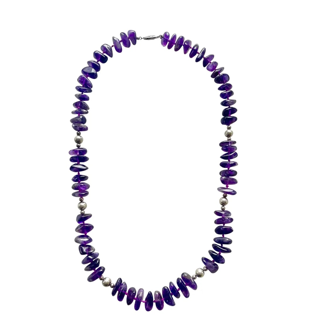 1980s Vintage Amethyst and Sterling Silver Hand Knotted Beaded Necklace - 18" - 5
