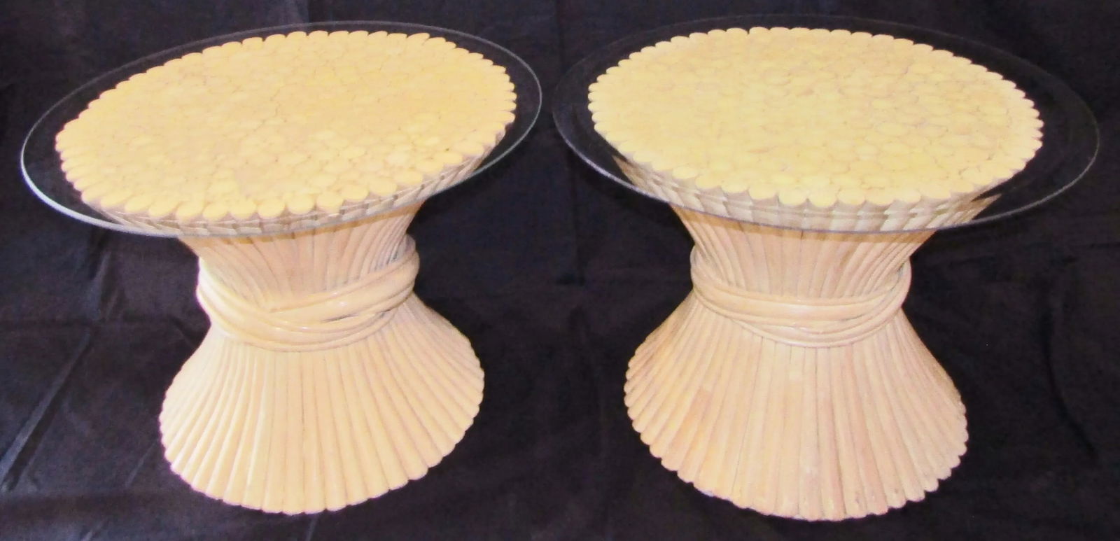 Matched Pair Bamboo Haystack Side Tables Attributed to McGuire Circa 1970s - 2