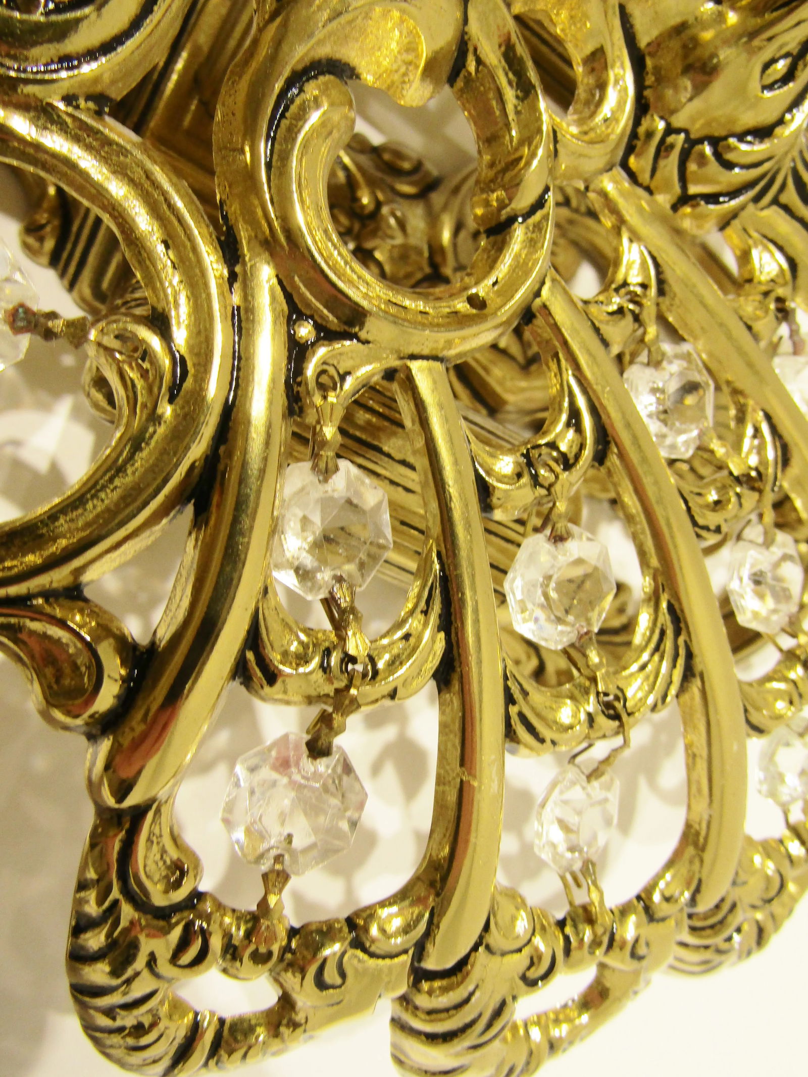 Matched Pair Brass and Crystal Peacock Electric Sconces Circa 1970s - 16