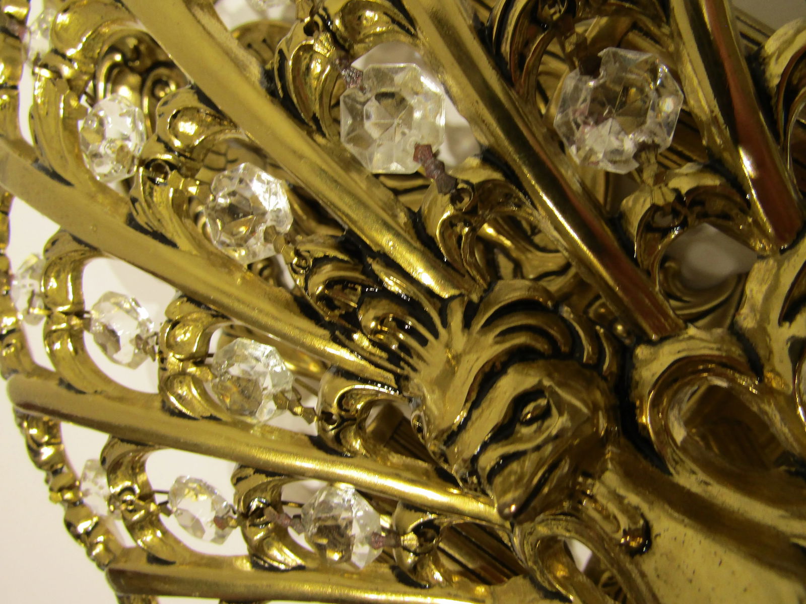 Matched Pair Brass and Crystal Peacock Electric Sconces Circa 1970s - 17