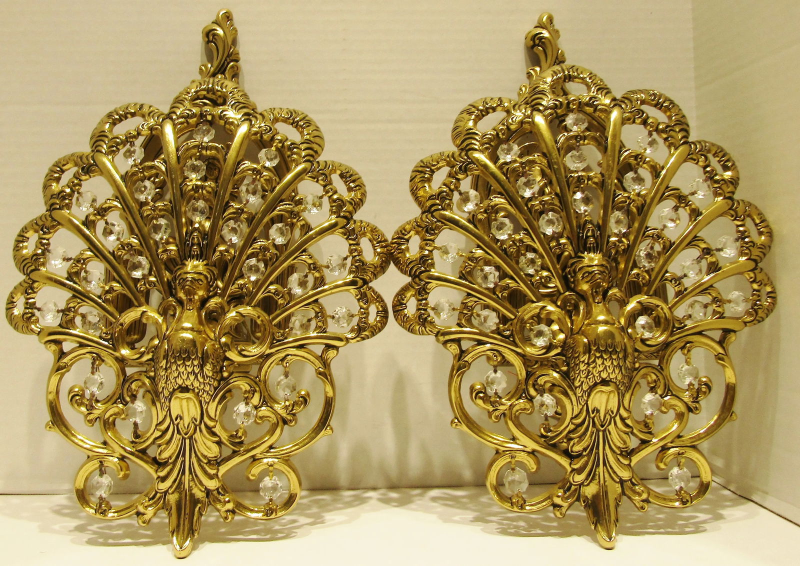 Matched Pair Brass and Crystal Peacock Electric Sconces Circa 1970s - 3