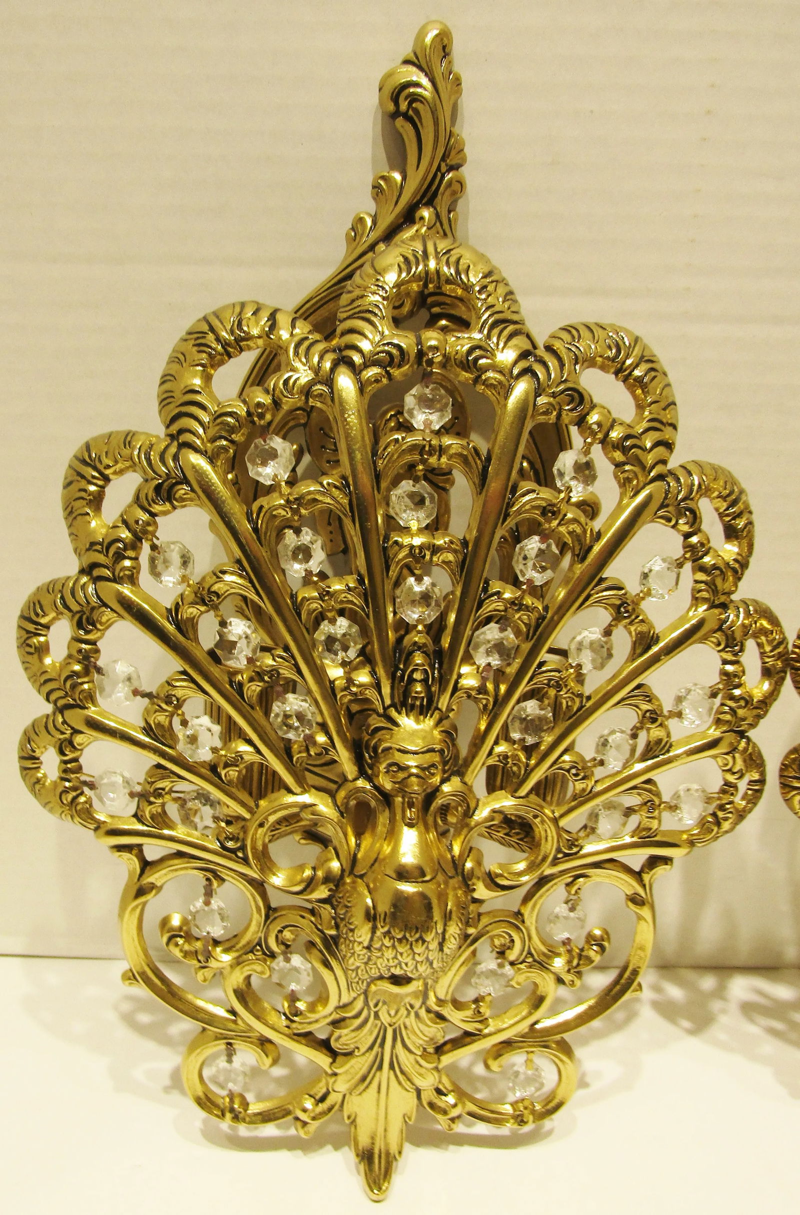 Matched Pair Brass and Crystal Peacock Electric Sconces Circa 1970s - 5