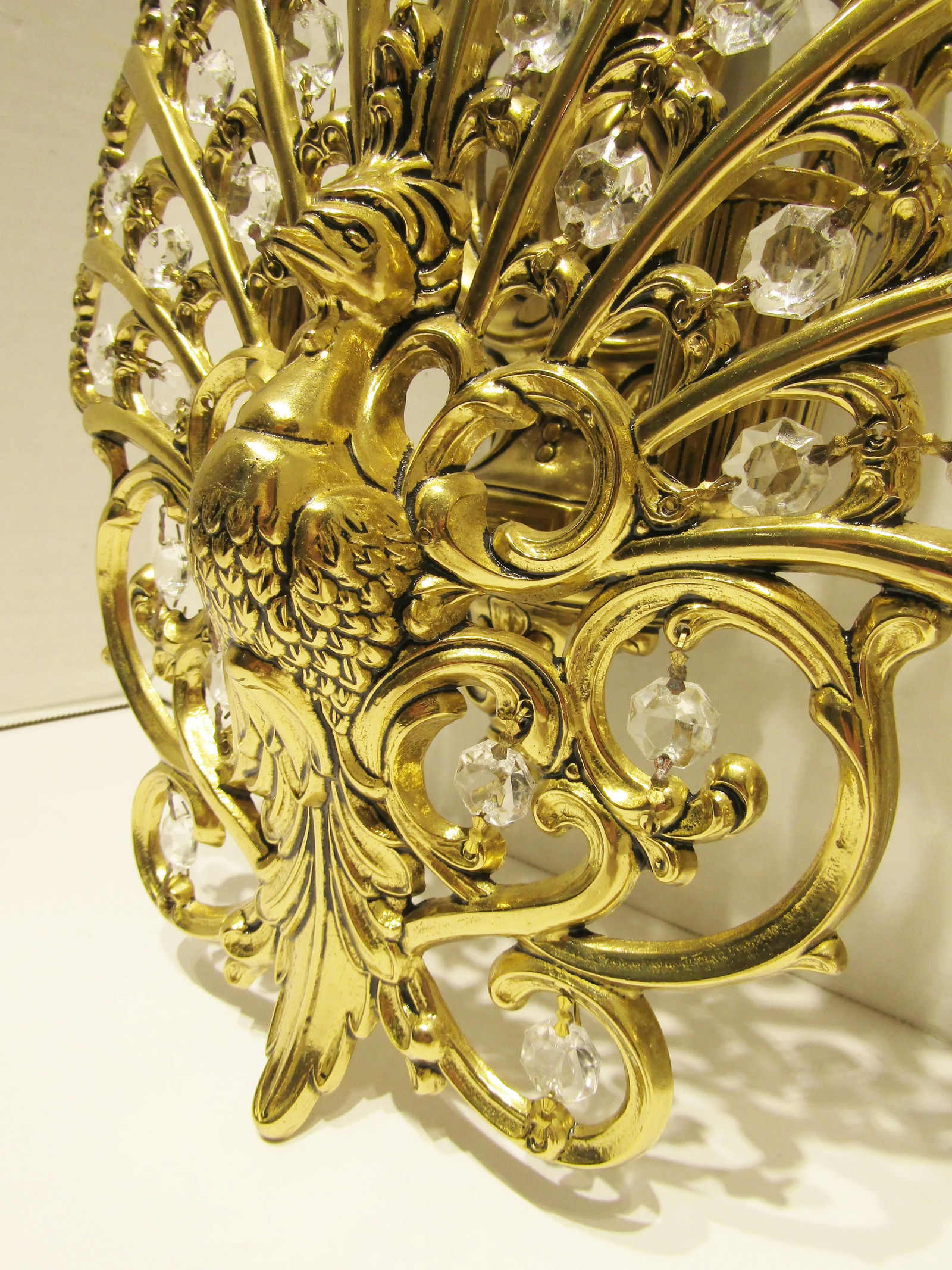 Matched Pair Brass and Crystal Peacock Electric Sconces Circa 1970s - 6