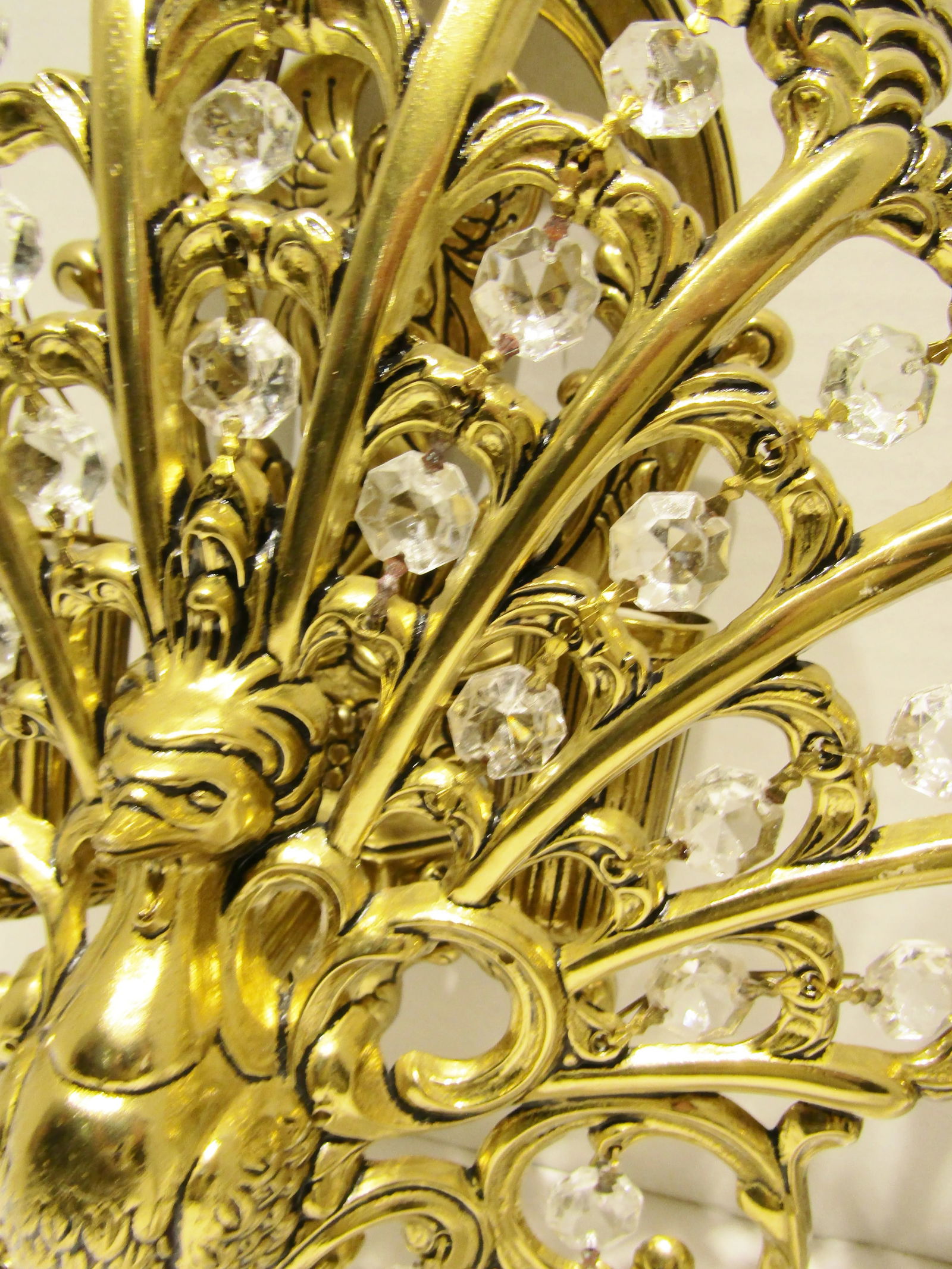 Matched Pair Brass and Crystal Peacock Electric Sconces Circa 1970s - 7