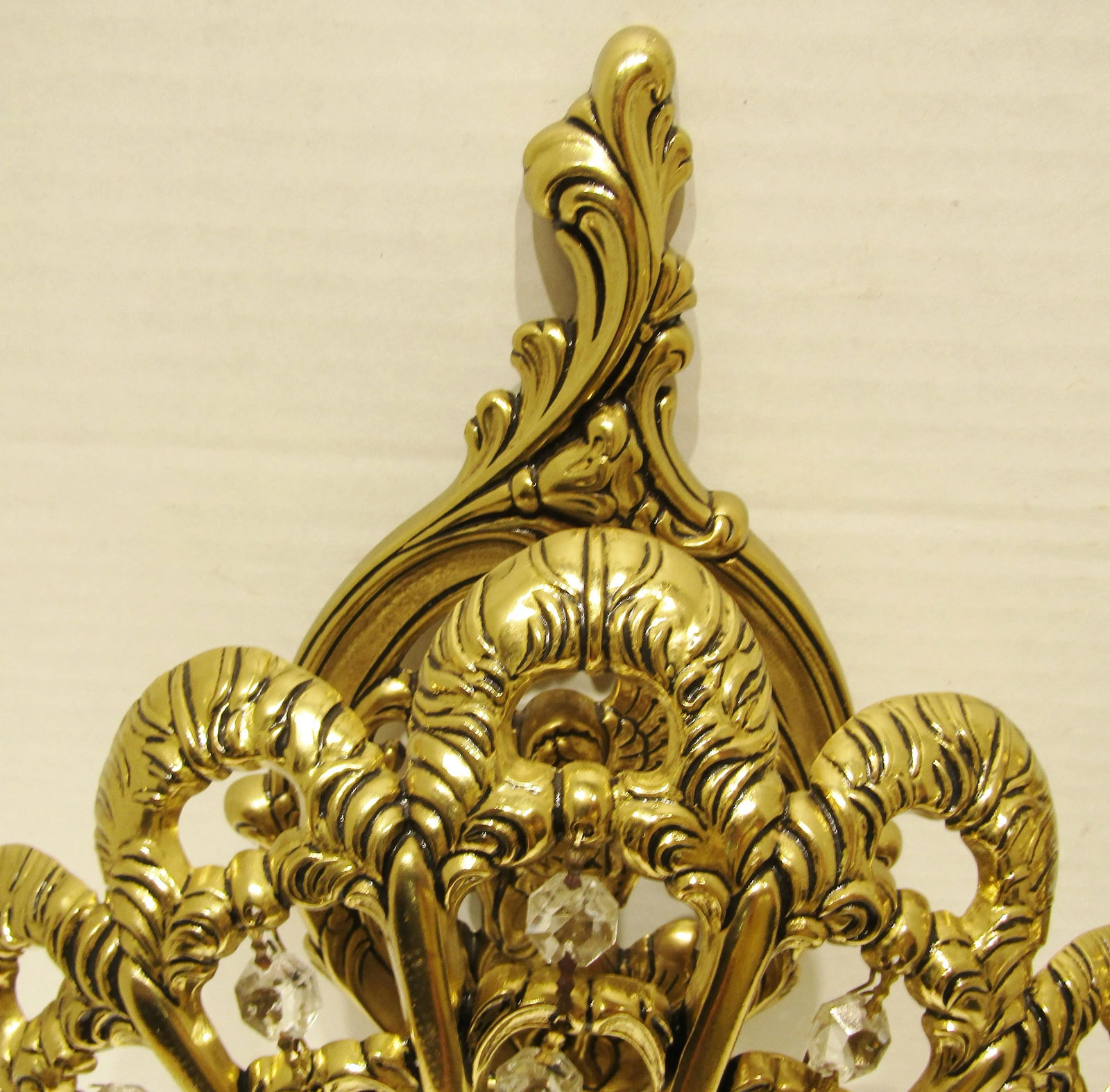 Matched Pair Brass and Crystal Peacock Electric Sconces Circa 1970s - 8