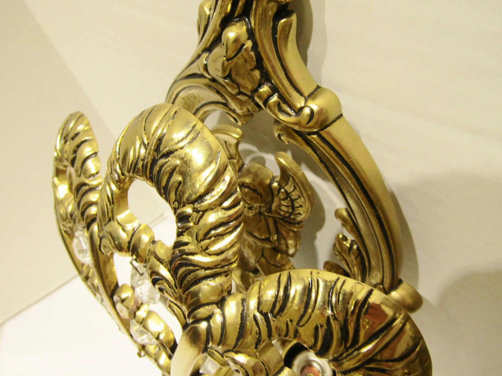 Matched Pair Brass and Crystal Peacock Electric Sconces Circa 1970s - 9