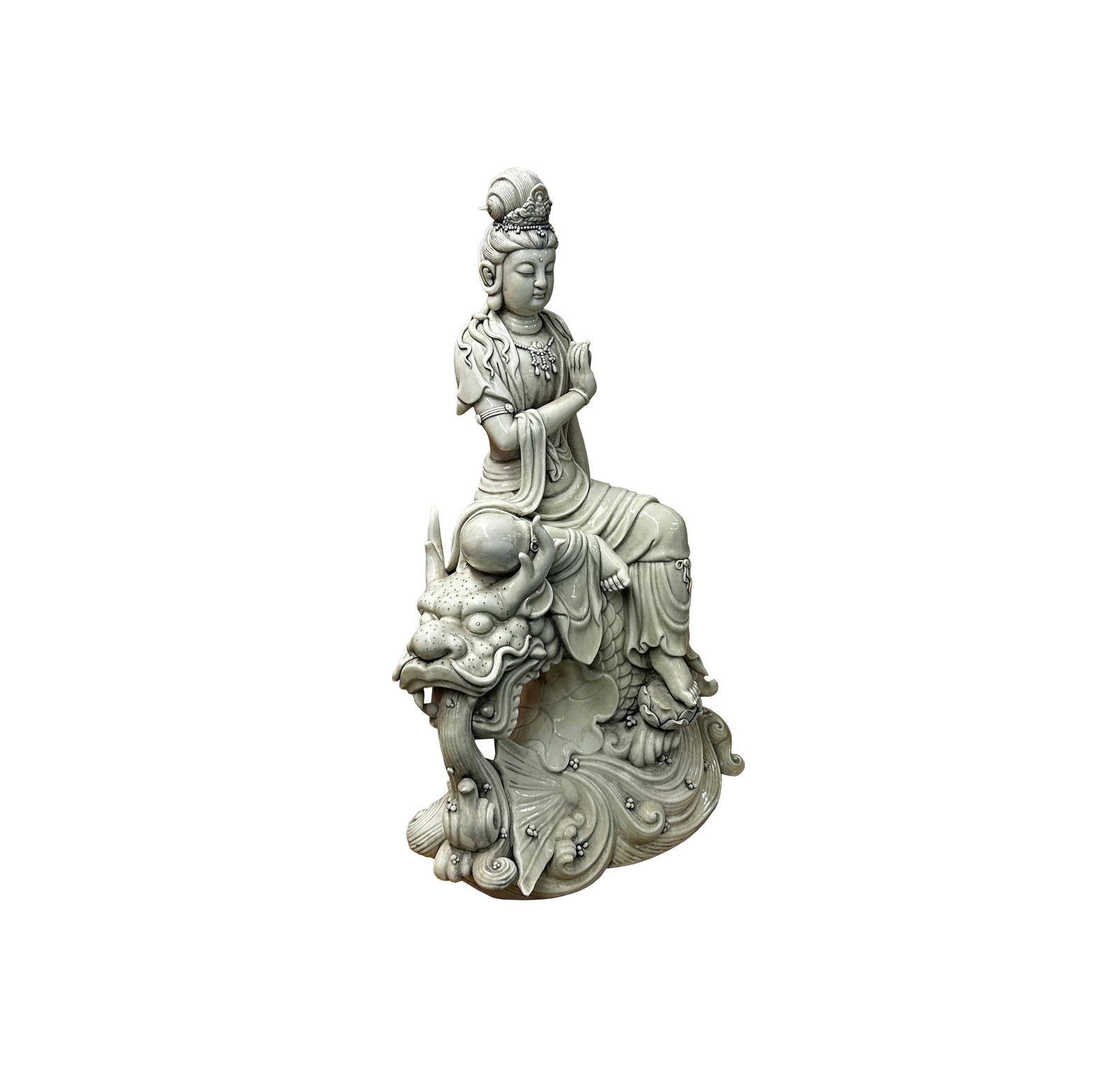 Chinese Handcrafted GuanYin Bodhisattva on Dragon White Porcelain Statue - 2
