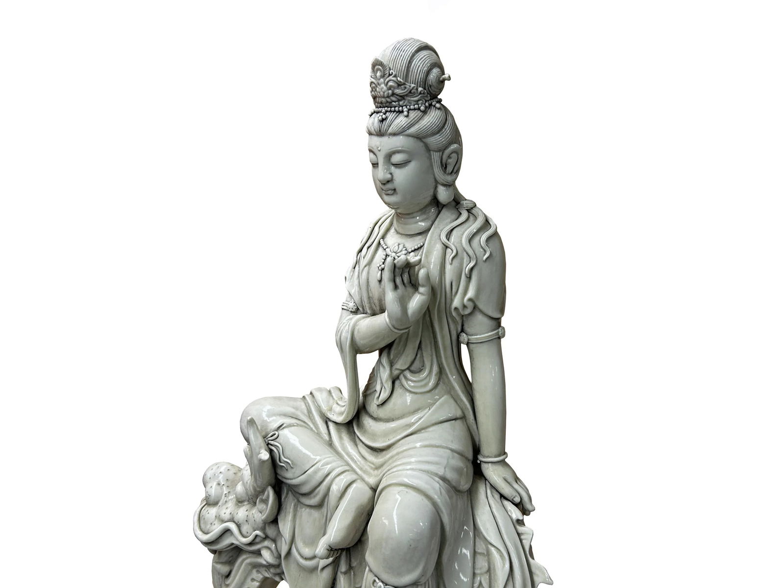 Chinese Handcrafted GuanYin Bodhisattva on Dragon White Porcelain Statue - 5