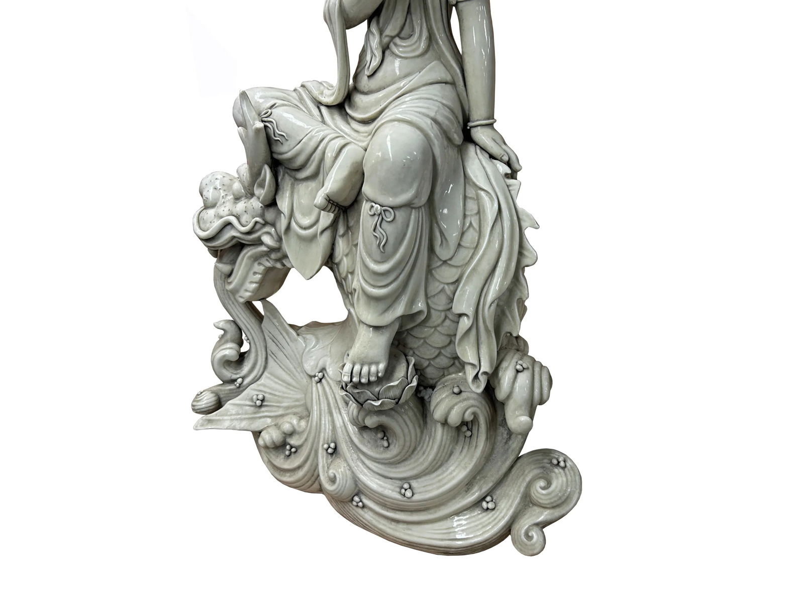 Chinese Handcrafted GuanYin Bodhisattva on Dragon White Porcelain Statue - 6
