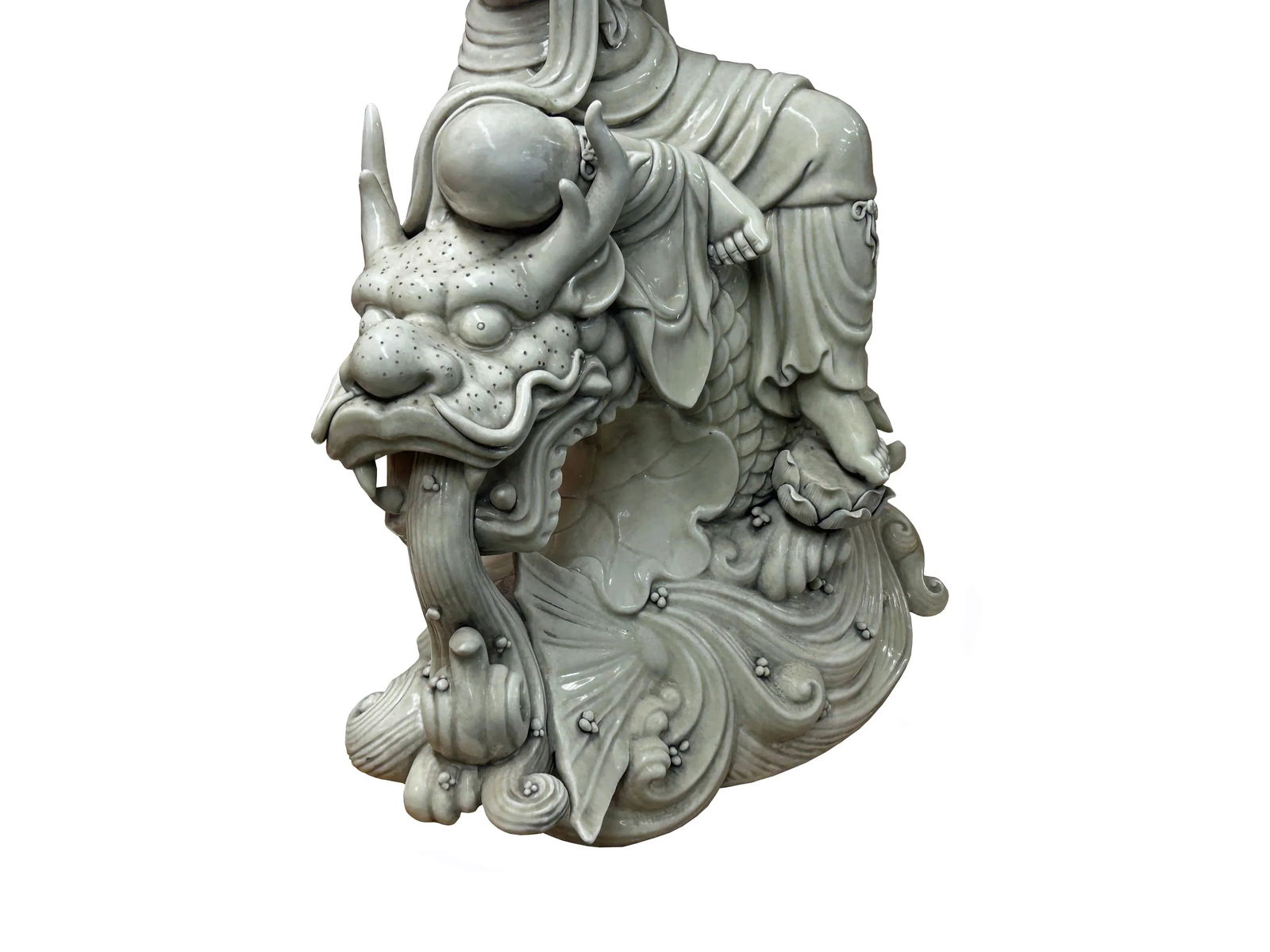 Chinese Handcrafted GuanYin Bodhisattva on Dragon White Porcelain Statue - 8